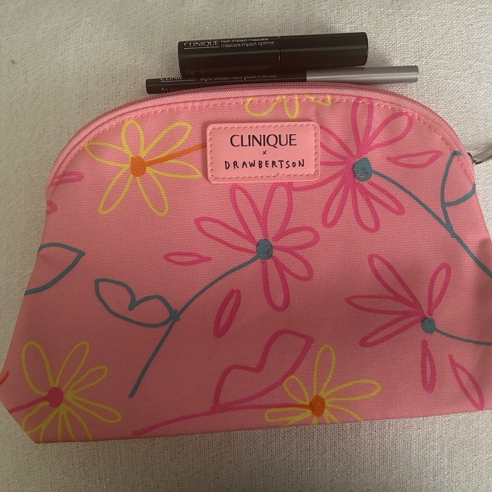 Clinique Pink Floral Makeup Bag with Mascara and Eyeliner